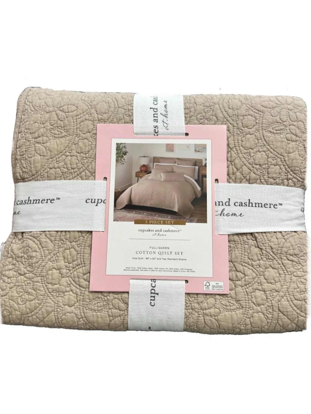 Cupcakes and Cashmere 3 Piece Tan Cotton Full/Queen Quilt Set 88”x92”